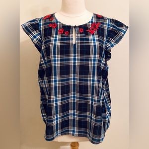 Liz Claiborne Black Blue White Plaid Flutter Sleeves Embroidered Floral Top SZ L